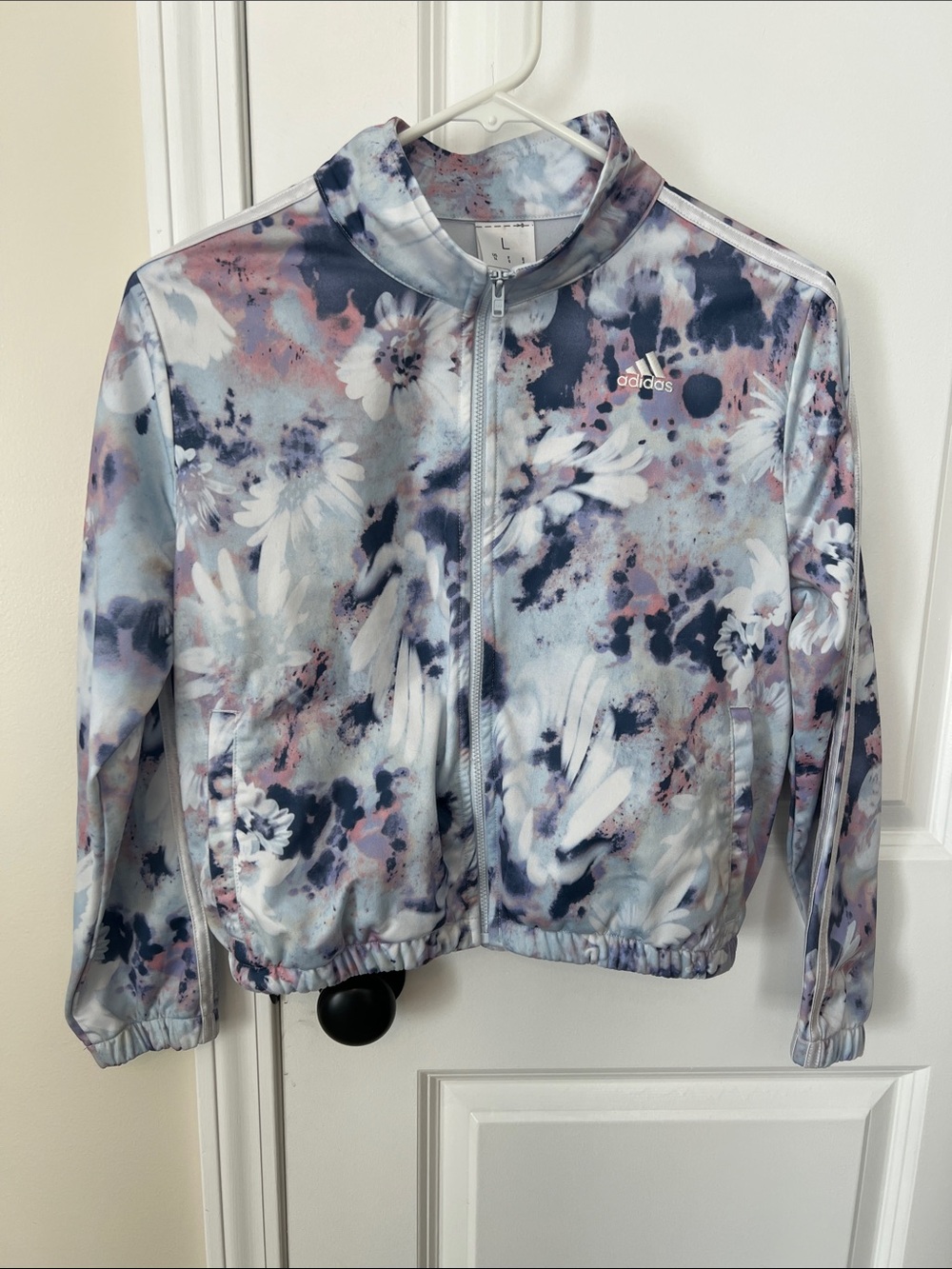 adidas Loose Fit Tricot Track Jacket in Light Blue, Pink, White & Navy